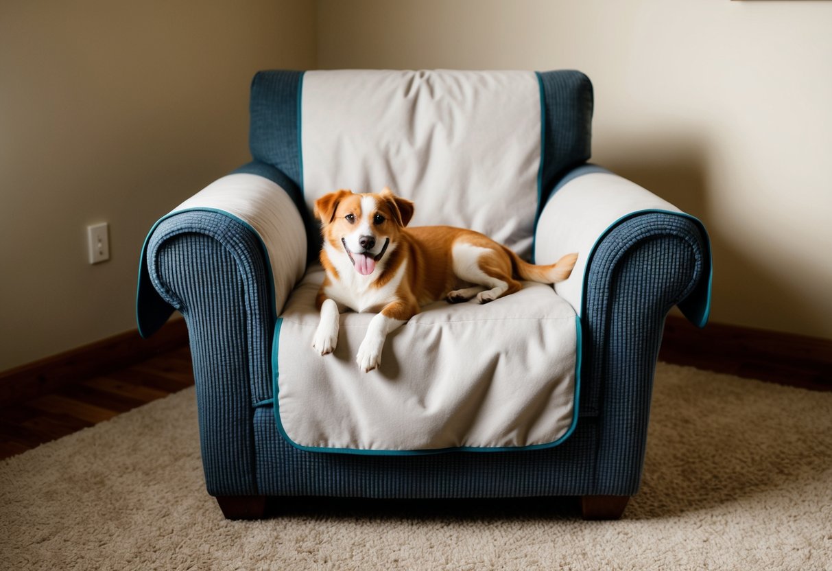 An armchair with a cozy pet cover draped over it, featuring durable fabric and a snug fit. A playful pet lounges comfortably on the cover