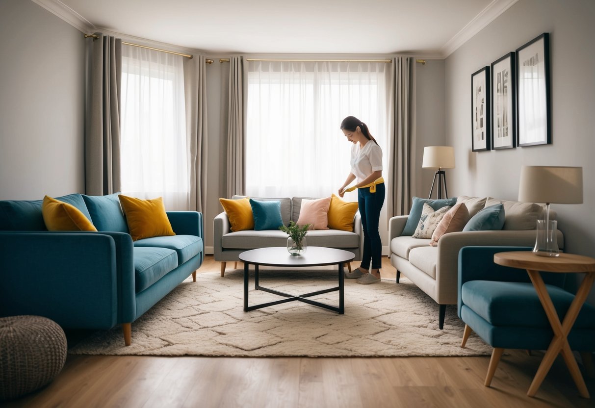 A room with various types of furniture (sofa, chair, table) and a person measuring them with a tape measure