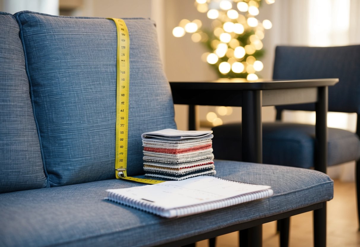 A tape measure wrapped around a sofa, chair, and table. A stack of fabric swatches and a notepad with measurements