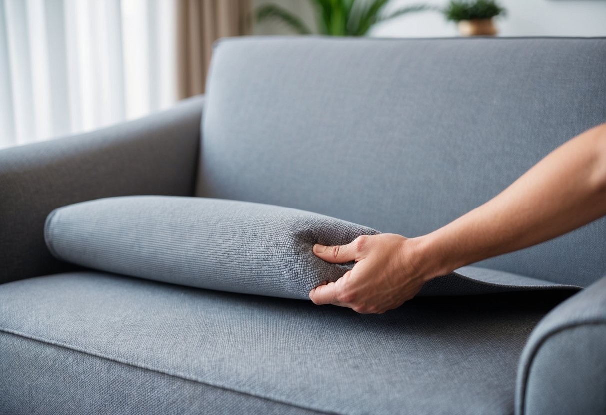 A hand reaching for a fabric cover on a sofa, pulling it off to reveal a clean and tidy surface underneath