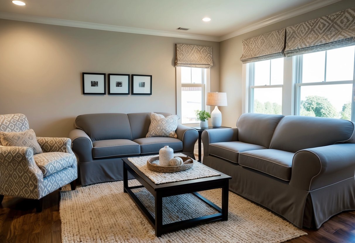 A cozy living room with a sofa covered in a fitted slipcover, a plush armchair with a patterned upholstery, and a coffee table adorned with a decorative throw