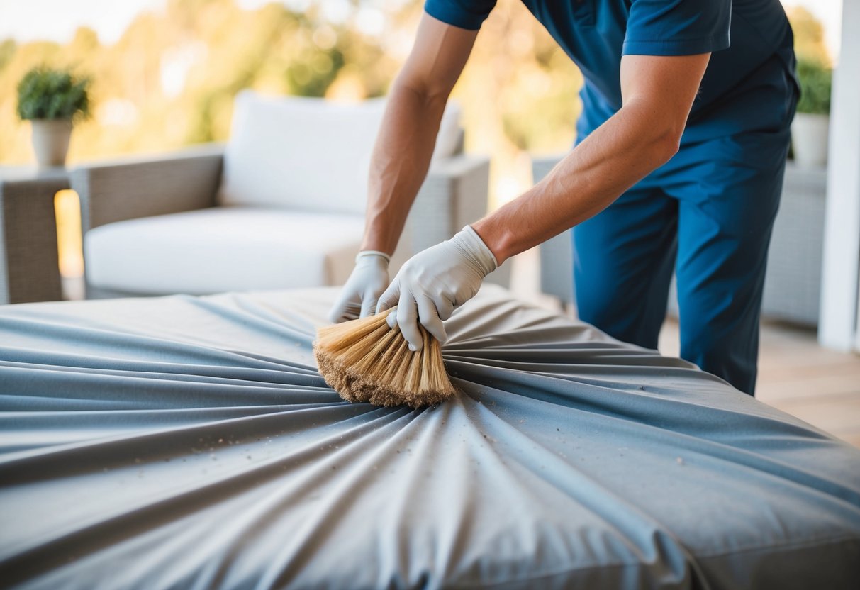 A person removing and shaking out furniture covers before gently brushing off any loose debris