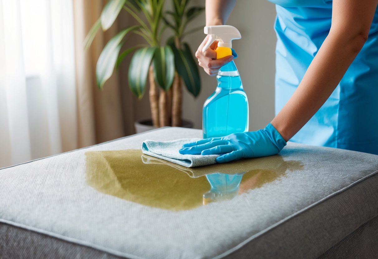 A person using a cloth and cleaning solution to remove a stain from a furniture cover