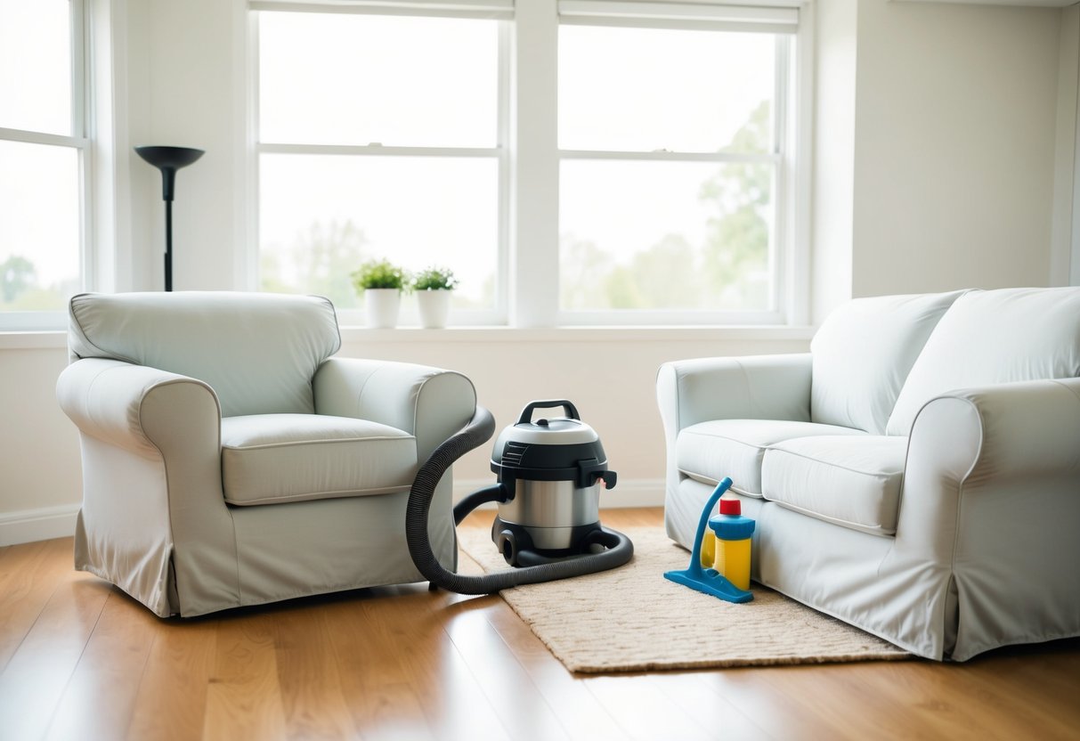 A bright, airy room with a cozy armchair and sofa, both adorned with clean and neatly fitted furniture covers. A vacuum and cleaning supplies sit nearby, ready for use