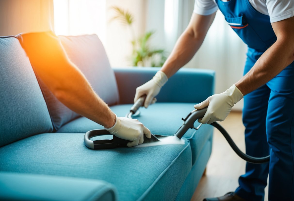 A professional upholstery cleaner using specialized tools to clean a sofa cover