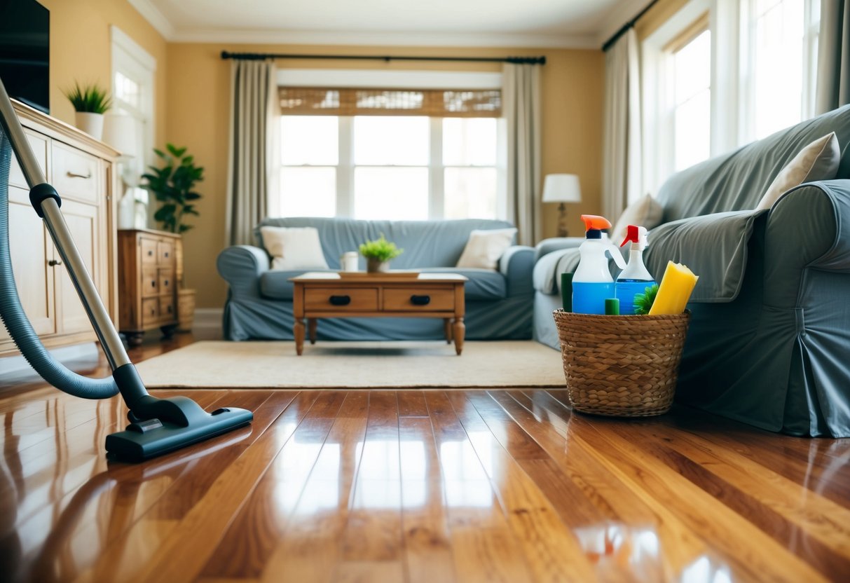 A cozy living room with neatly arranged furniture covers, a vacuum cleaner, and a basket of cleaning supplies on a polished wooden floor