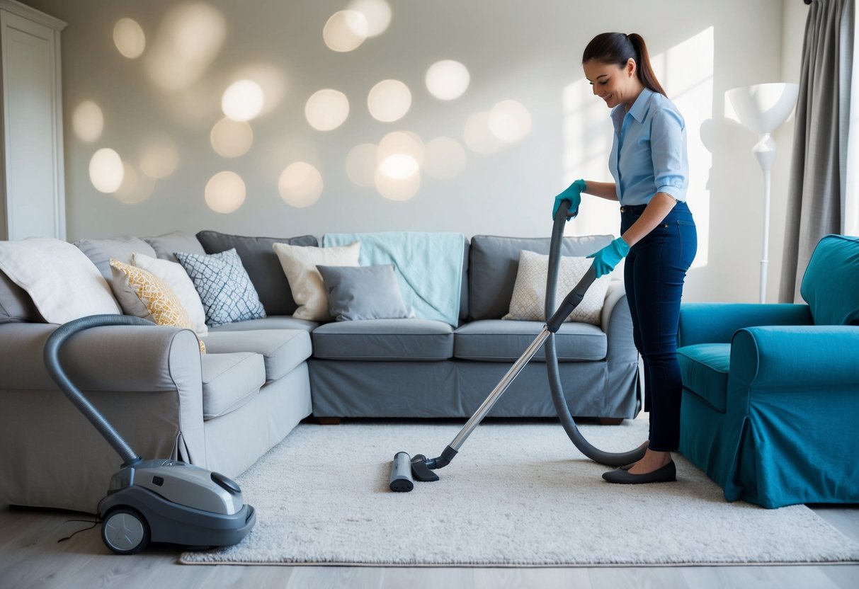 A living room with various furniture covers being easily cleaned using a vacuum, lint roller, and fabric spray