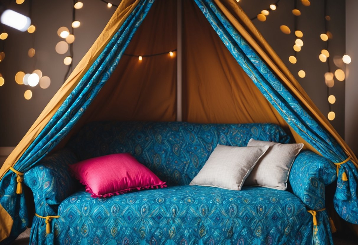 A couch covered in a vibrant, patterned fabric, transformed into a makeshift fort with pillows and blankets inside