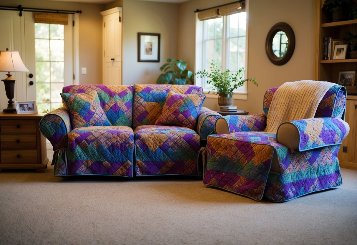 A cozy living room with a sofa and armchair covered in colorful, patterned furniture covers. A throw blanket drapes over the back of the sofa