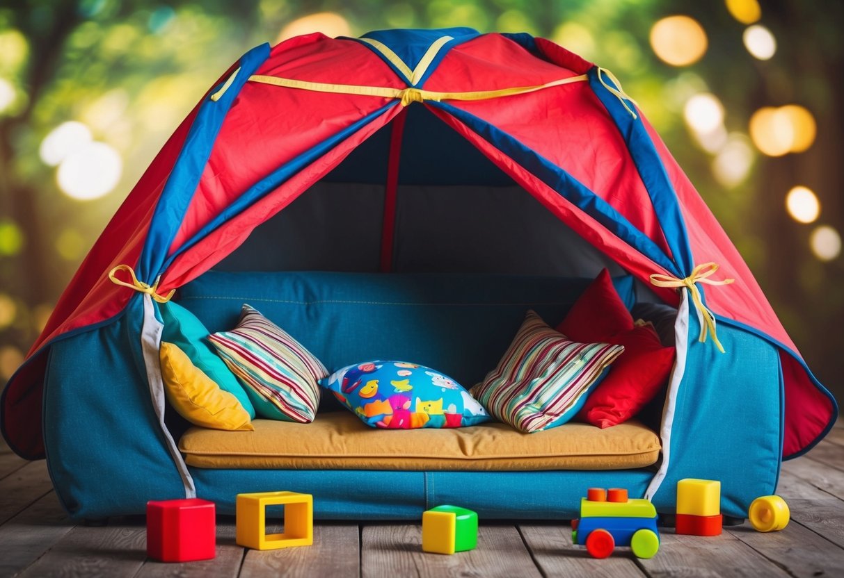 A worn-out sofa cover transformed into a playful tent for kids, with colorful pillows and toys scattered inside