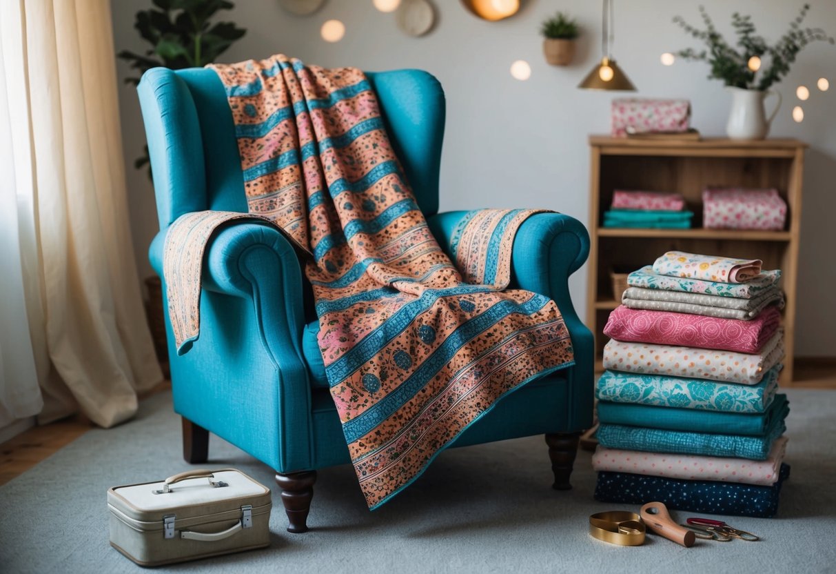 A cozy armchair with a colorful, patterned cover draped over it, surrounded by a stack of fabric and a sewing kit