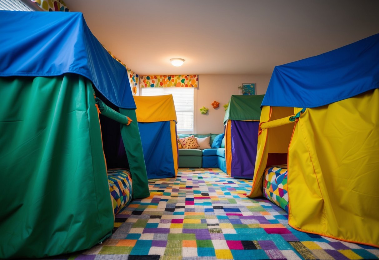 Furniture covers repurposed as makeshift forts and tunnels in a colorful and imaginative living area