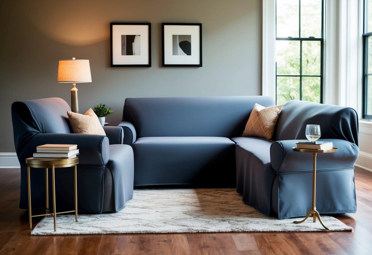 A living room with a sofa and chairs covered in stylish and practical furniture covers. A side table holds a lamp and a stack of books