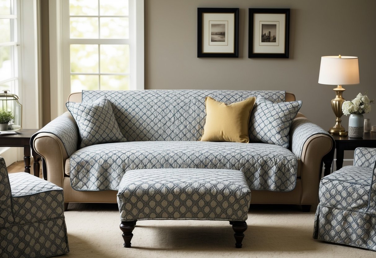 A living room with a cozy sofa covered in a stylish patterned furniture cover, complemented by matching covers on the armchairs and coffee table