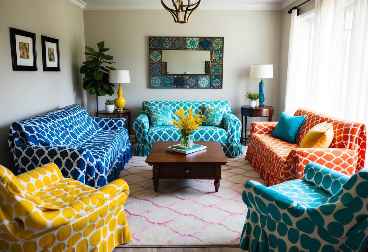 A living room with various furniture pieces covered in colorful and patterned furniture covers, creating a vibrant and inviting atmosphere