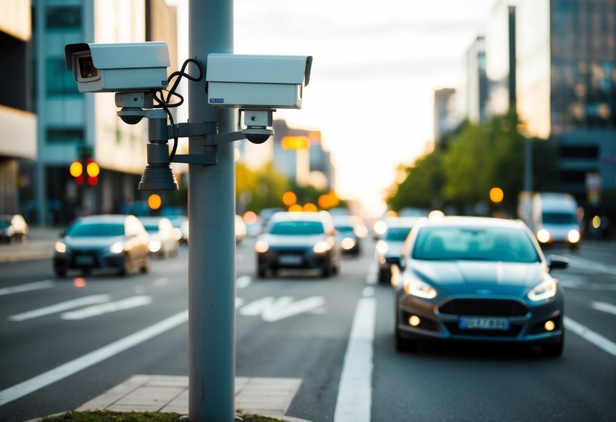 A busy intersection with a speed camera mounted on a pole, capturing vehicles as they pass by