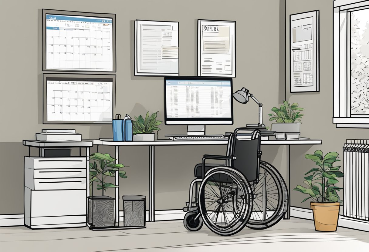 A wheelchair-accessible office desk with a computer, printer, and stack of papers. A calendar on the wall shows December 2024