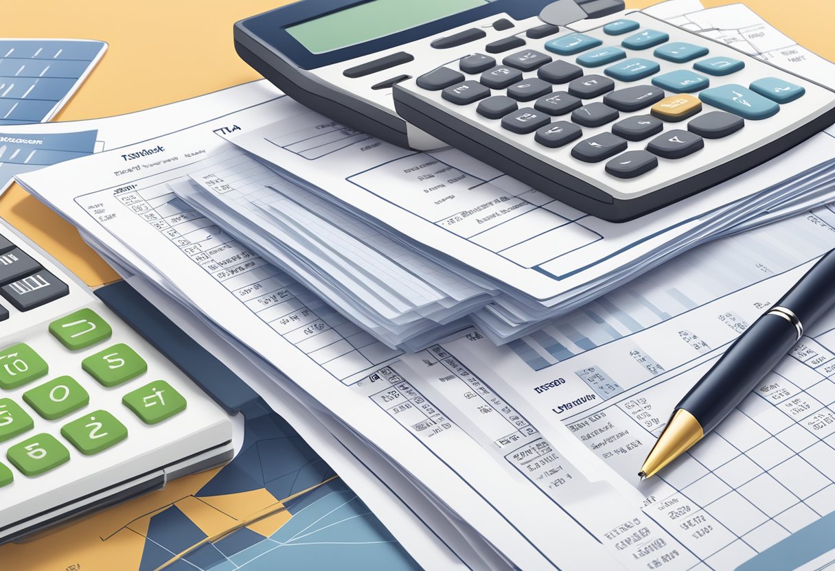 A stack of financial documents and charts related to the Disability Tax Credit Resource Guide, with a calculator and pen on a desk