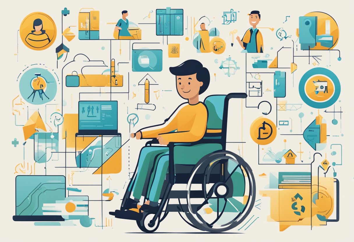 A person with a disability confidently navigating through various accessibility accommodations and resources, surrounded by symbols representing rights and responsibilities