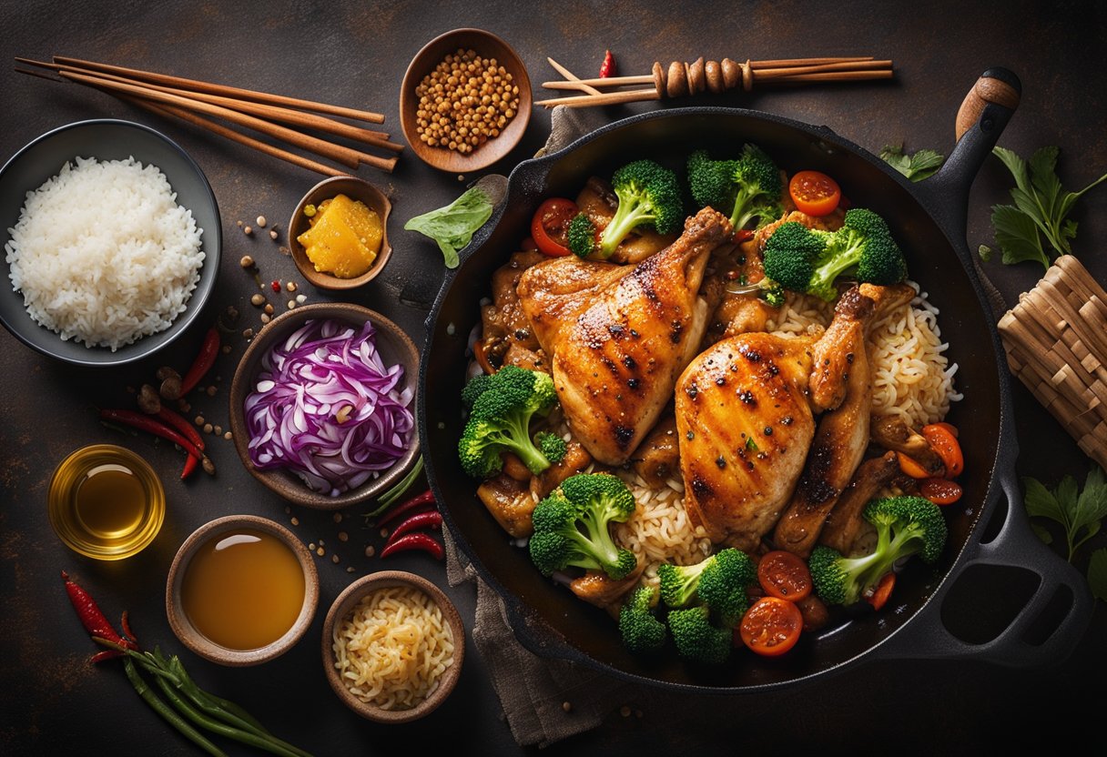 Uma frigideira fumegante de frango com cobertura de mel e gengibre, acompanhada de arroz quente e legumes salteados, rodeada por especiarias orientais coloridas e utensílios de cozinha.