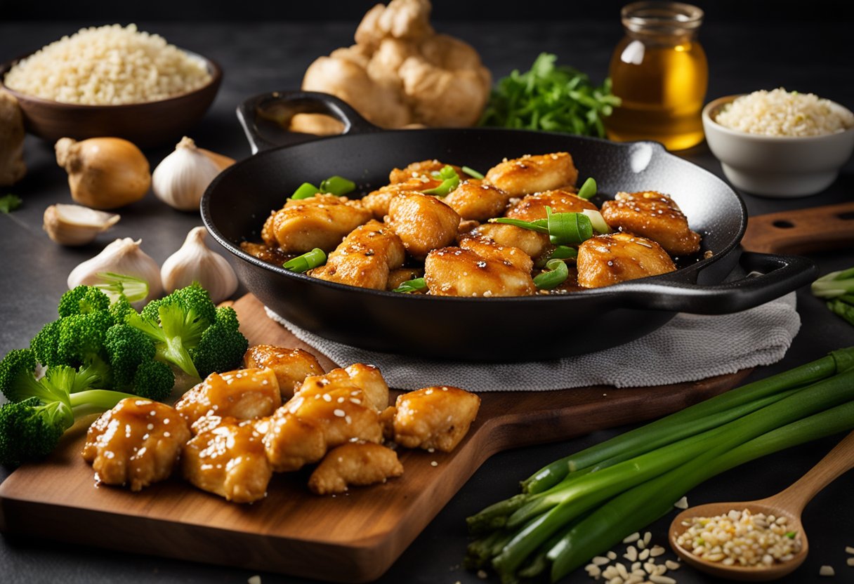 Uma frigideira borbulhante contém pedaços de frango dourado cobertos com um brilho de mel e gengibre, cercados por ingredientes frescos como alho, cebolinhas e sementes de gergelim.