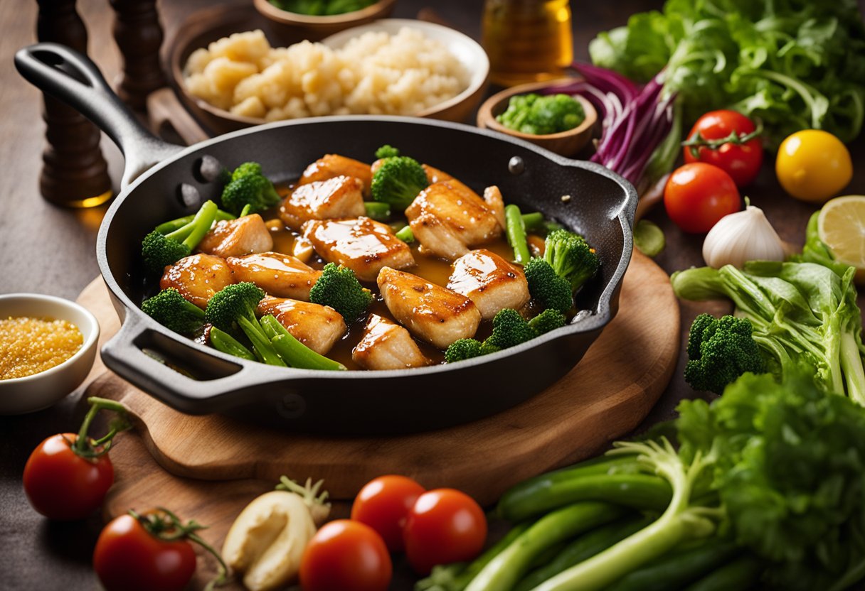 Uma frigideira chiando com pedaços de frango cozinhando em um molho brilhante de mel e gengibre, cercada por vegetais vibrantes em verde e vermelho.