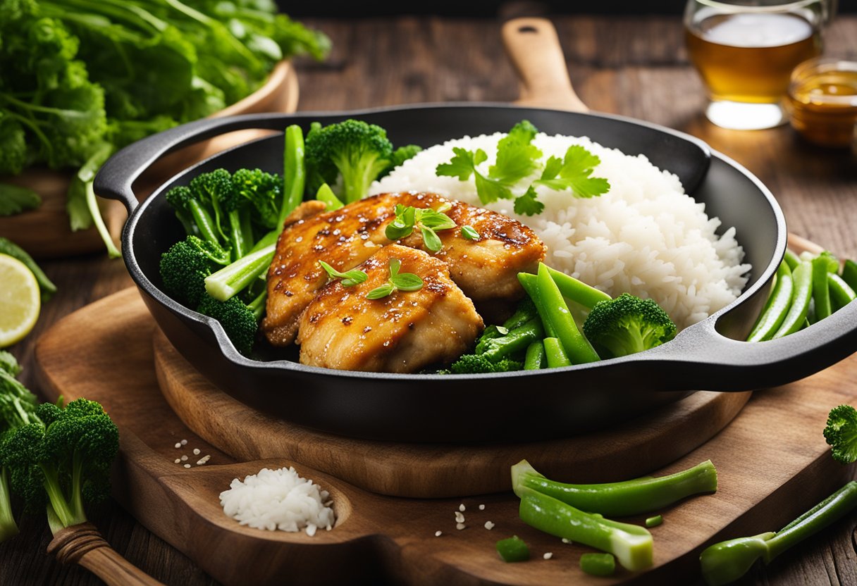 Uma frigideira borbulhante com pedaços de frango dourado cobertos por um brilho de mel e gengibre, cercados por vegetais verdes vibrantes e arroz fumegante.