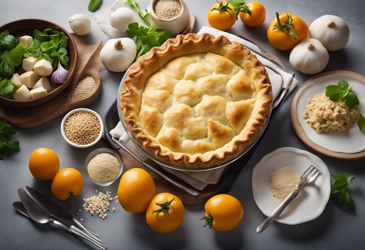 Uma torta de frango cremosa com crosta de trigo integral cercada por ingredientes frescos e utensílios de cozinha