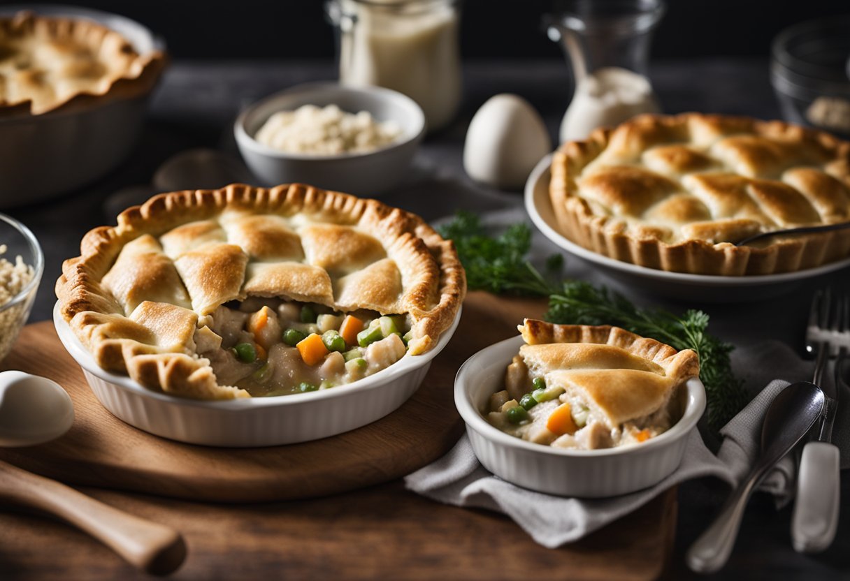 Uma torta de frango cremosa sendo preparada com massa de trigo integral. Ingredientes e utensílios organizados em uma bancada de cozinha.