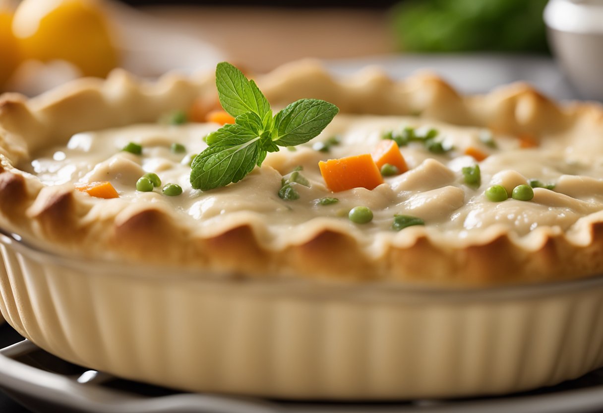 Uma torta de frango cremosa sendo montada e assada com crosta de trigo integral