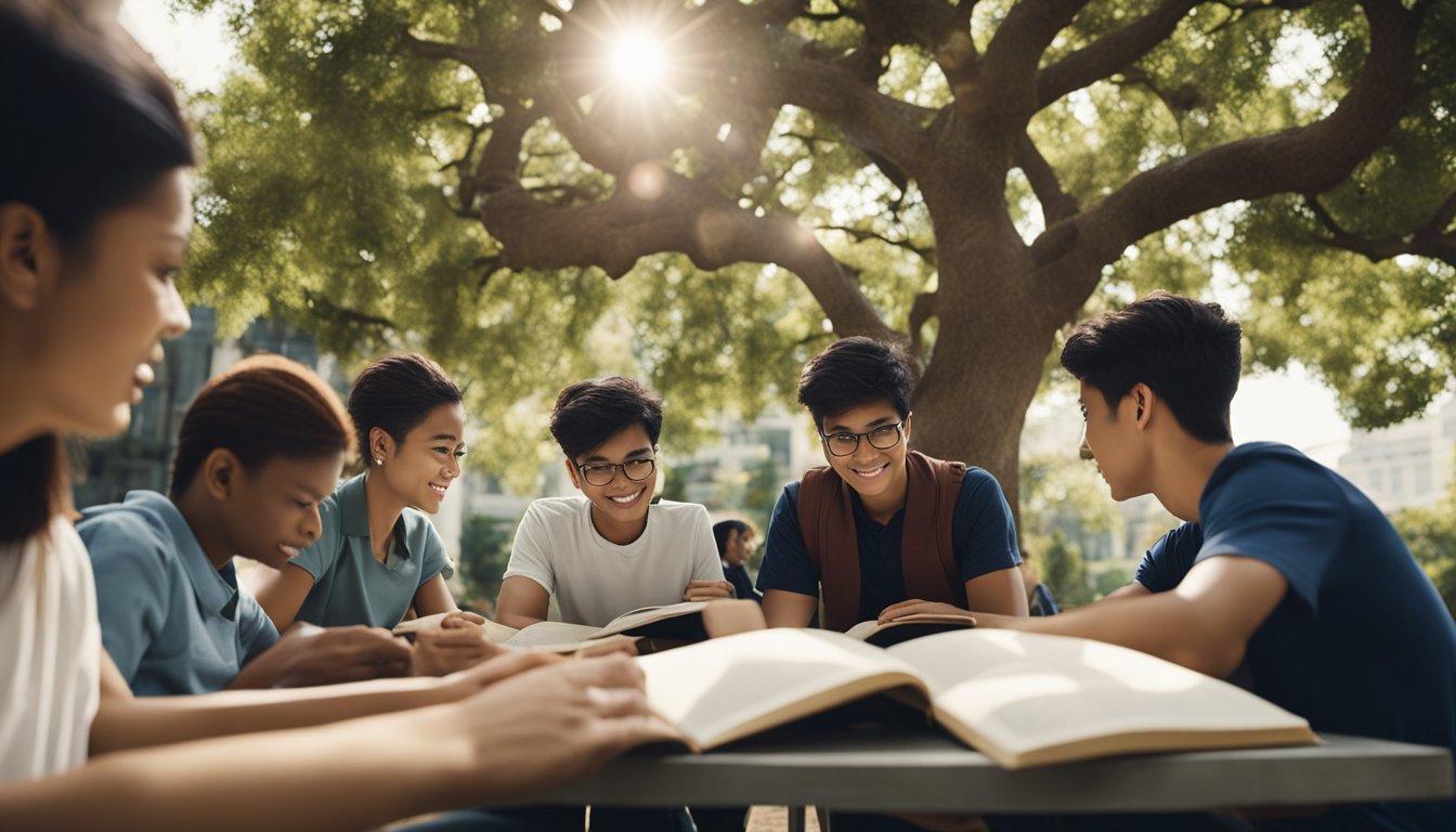 A group of diverse students studying together under a tree, surrounded by books and educational materials