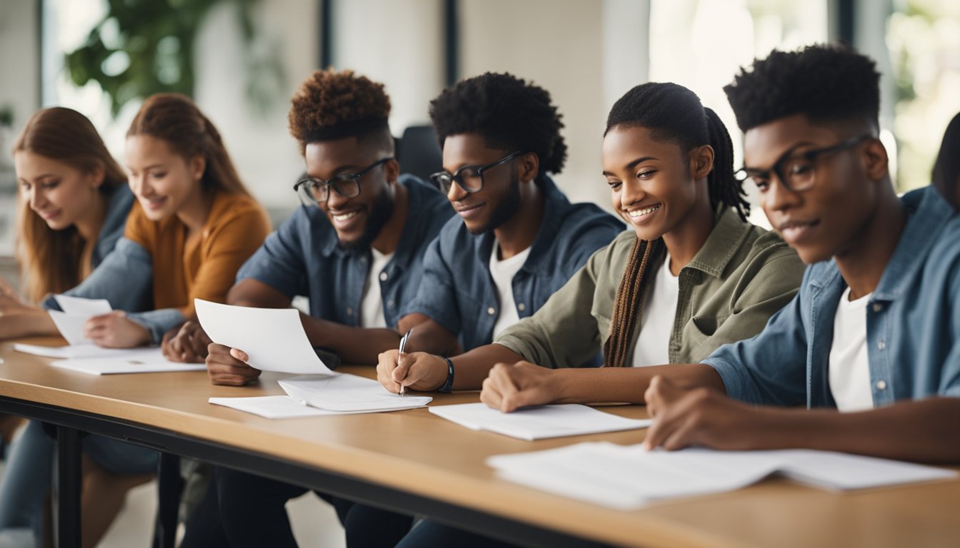 A diverse group of students filling out scholarship application forms at a school desk