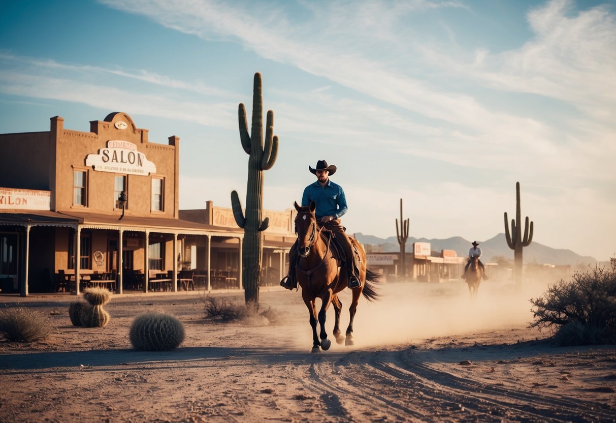 A dusty desert landscape with a saloon, cacti, and a cowboy riding into town on horseback