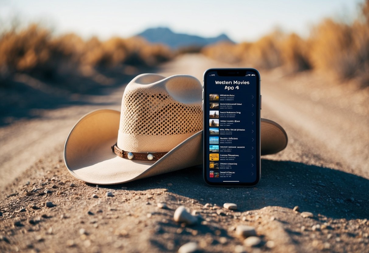 A cowboy hat on a dusty trail, with a smartphone displaying the "Western Movies App" open to a list of classic western films