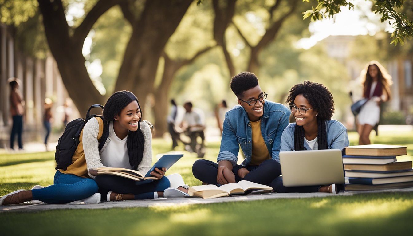 A group of diverse students studying together under a tree, with books and laptops, representing SC/ST/OBC scholarship recipients
