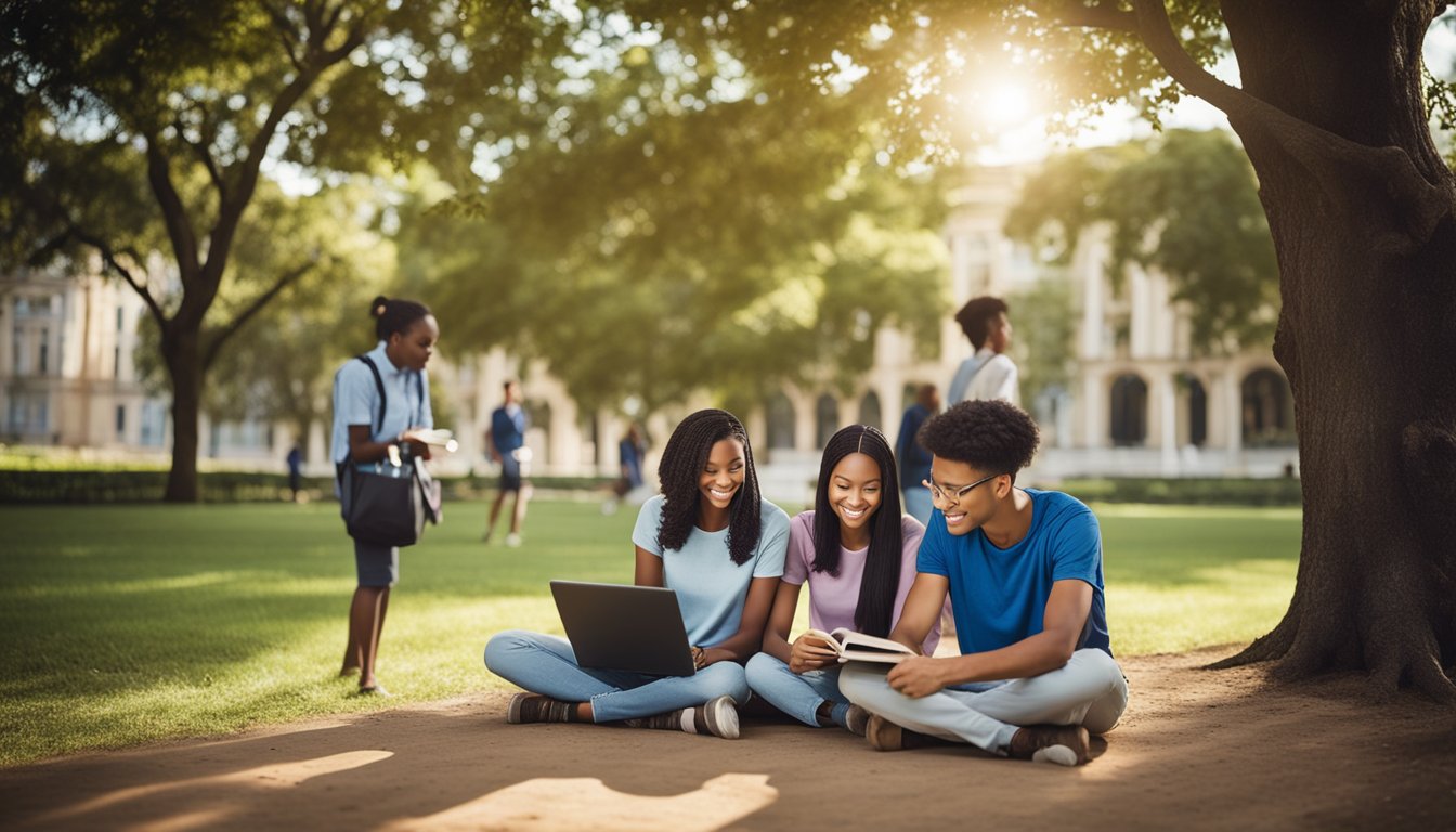 A diverse group of students studying together, with books and laptops, under a tree. A signboard with the scholarship program's name is visible in the background