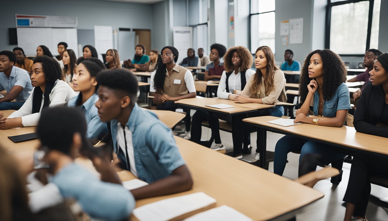 A group of diverse students gather in a classroom, listening to a speaker presenting the National Fellowship for SC Students program