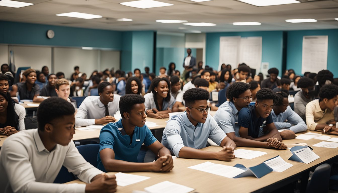 A group of diverse students gather around a table, submitting paperwork to a committee of officials. The room is filled with banners and posters promoting the National Fellowship for SC Students