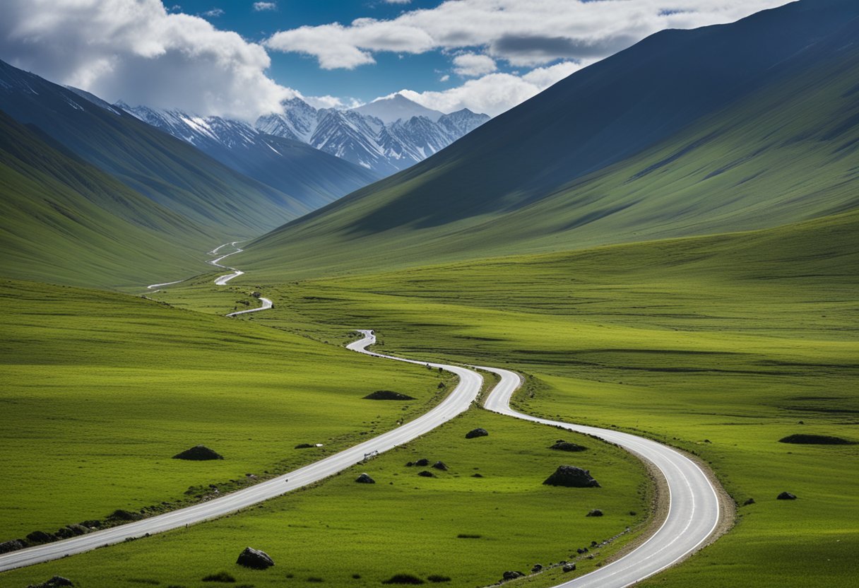 A winding mountain road leads through lush valleys to the vast, open expanse of Deosai National Park, with snow-capped peaks in the distance