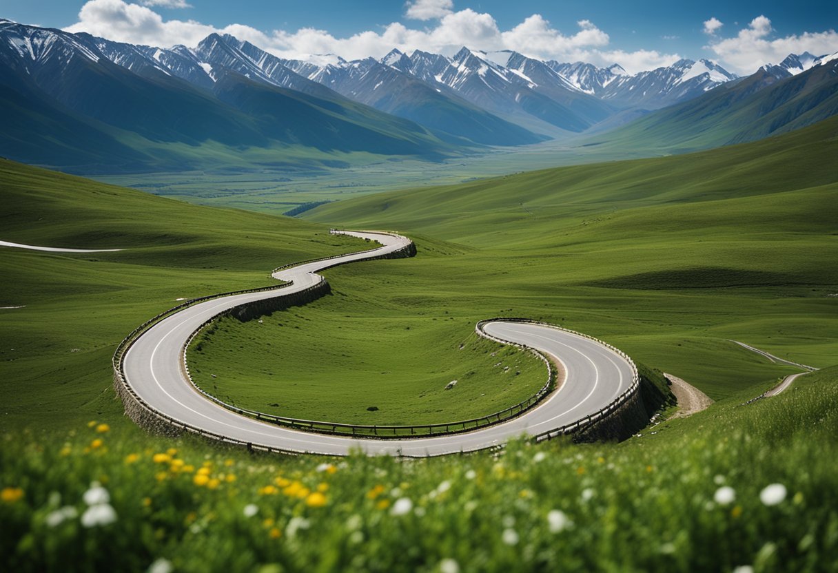 A winding mountain road leads to Deosai National Park, surrounded by lush greenery and snow-capped peaks