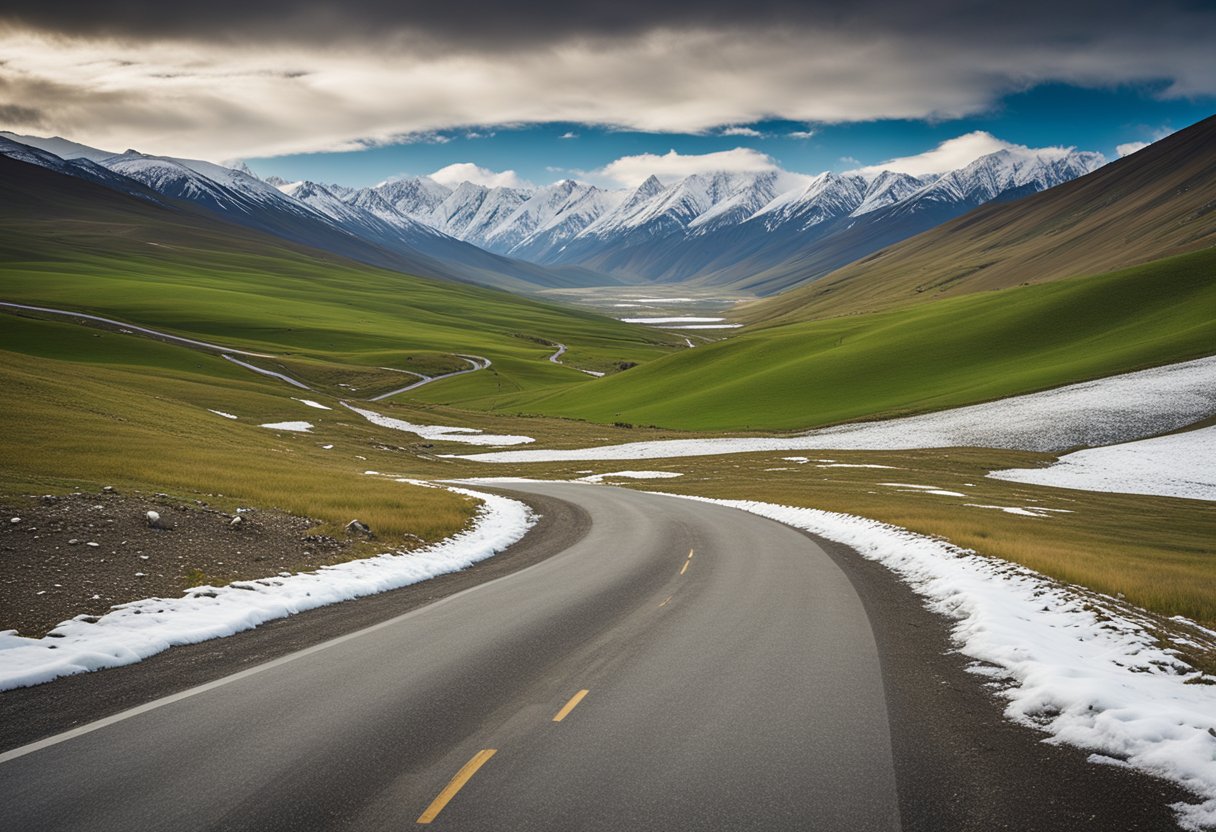 A winding road leads through lush green valleys towards Deosai National Park, with snow-capped mountains in the distance