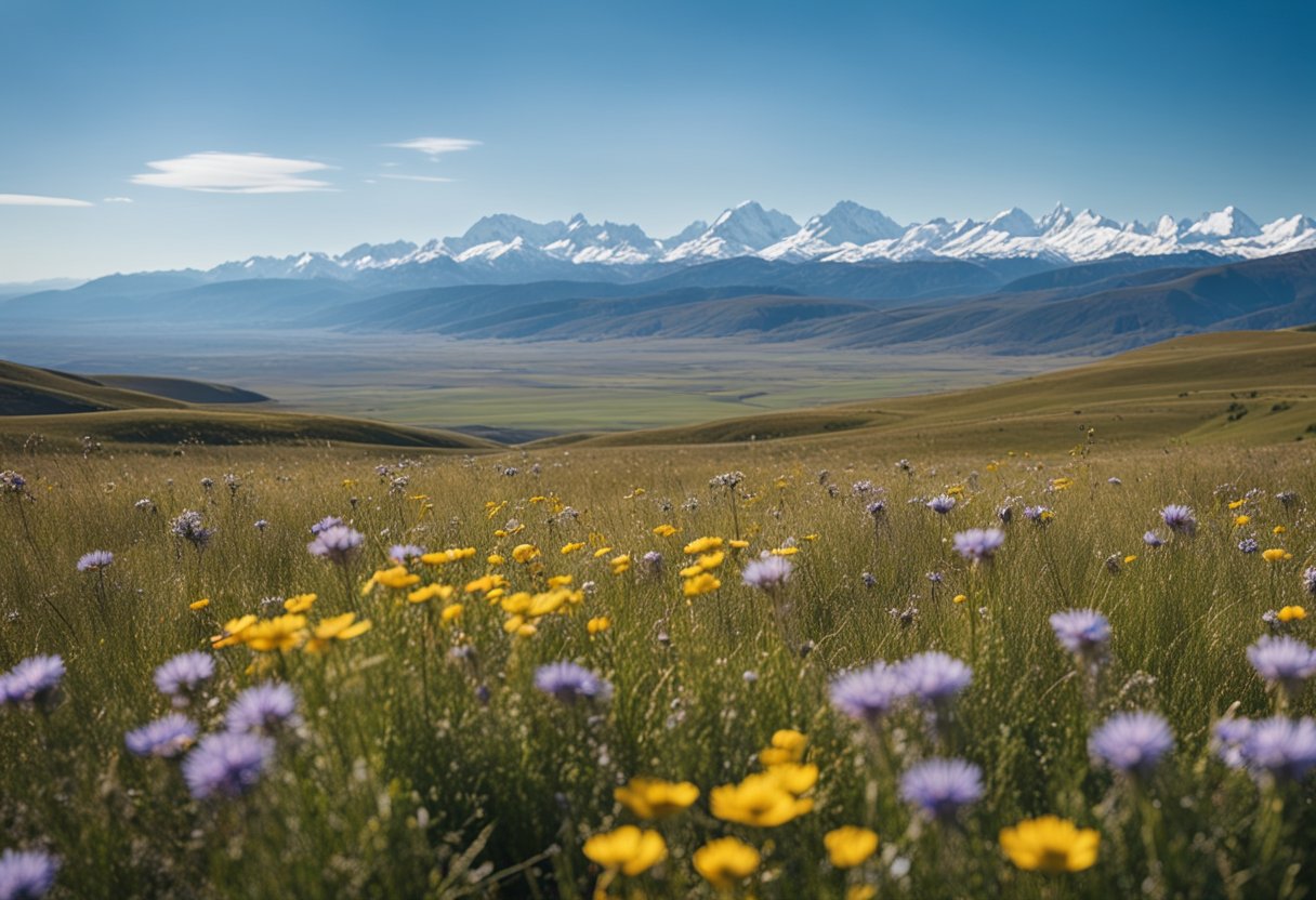 A vast, open plateau with rolling hills, colorful wildflowers, and grazing wildlife. Snow-capped mountains in the distance under a clear blue sky