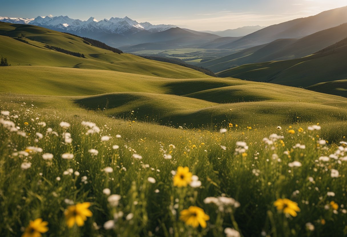 Rolling hills and vast meadows stretch to the horizon, dotted with wildflowers and grazing wildlife. Snow-capped mountains loom in the distance