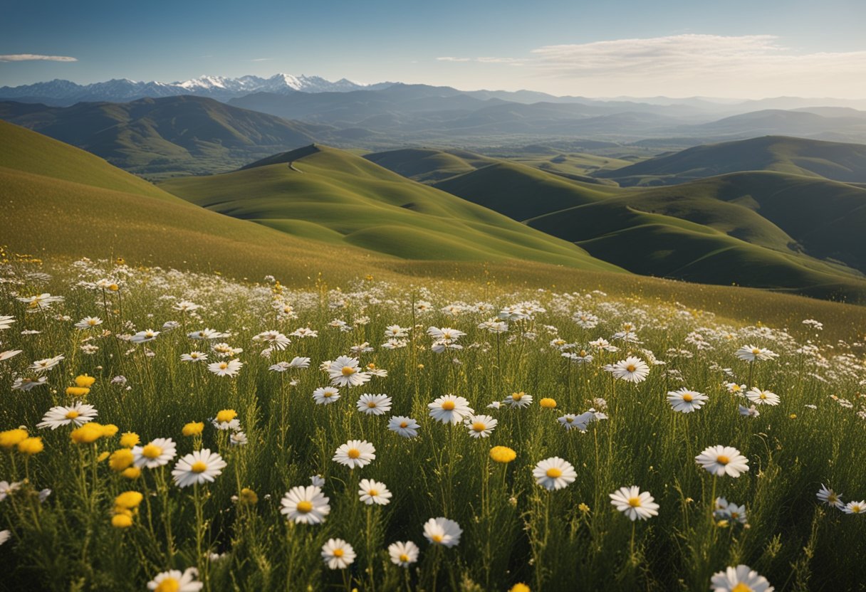 Rolling hills, dotted with towering wildflowers, stretch into the distance beneath a vast, open sky. Snow-capped mountains loom in the background, emphasizing the grandeur of the Land of Giants