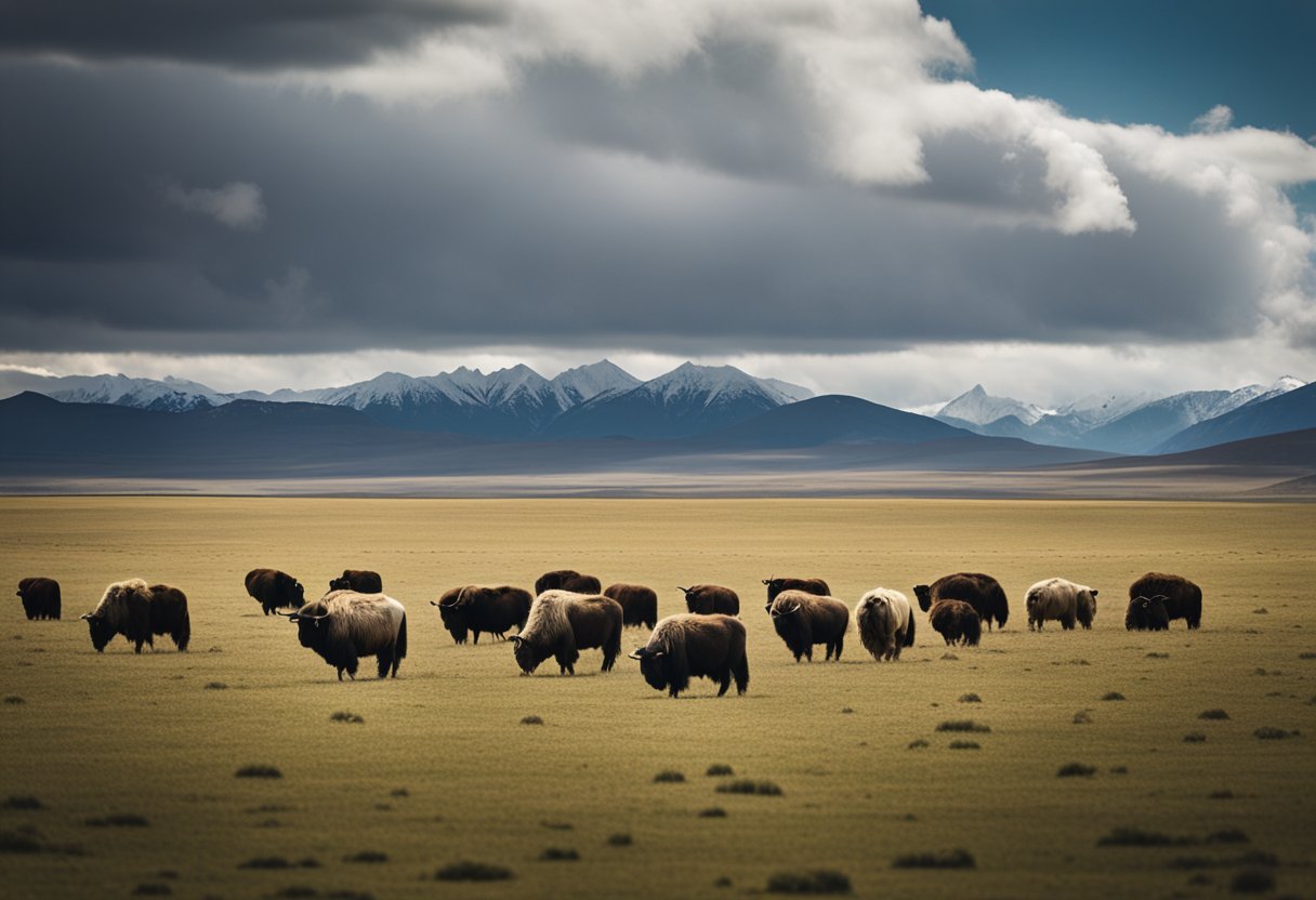 Rolling hills and vast plains stretch to the horizon, dwarfing distant mountains. A herd of wild yak grazes beneath towering clouds, emphasizing the grandeur of the landscape