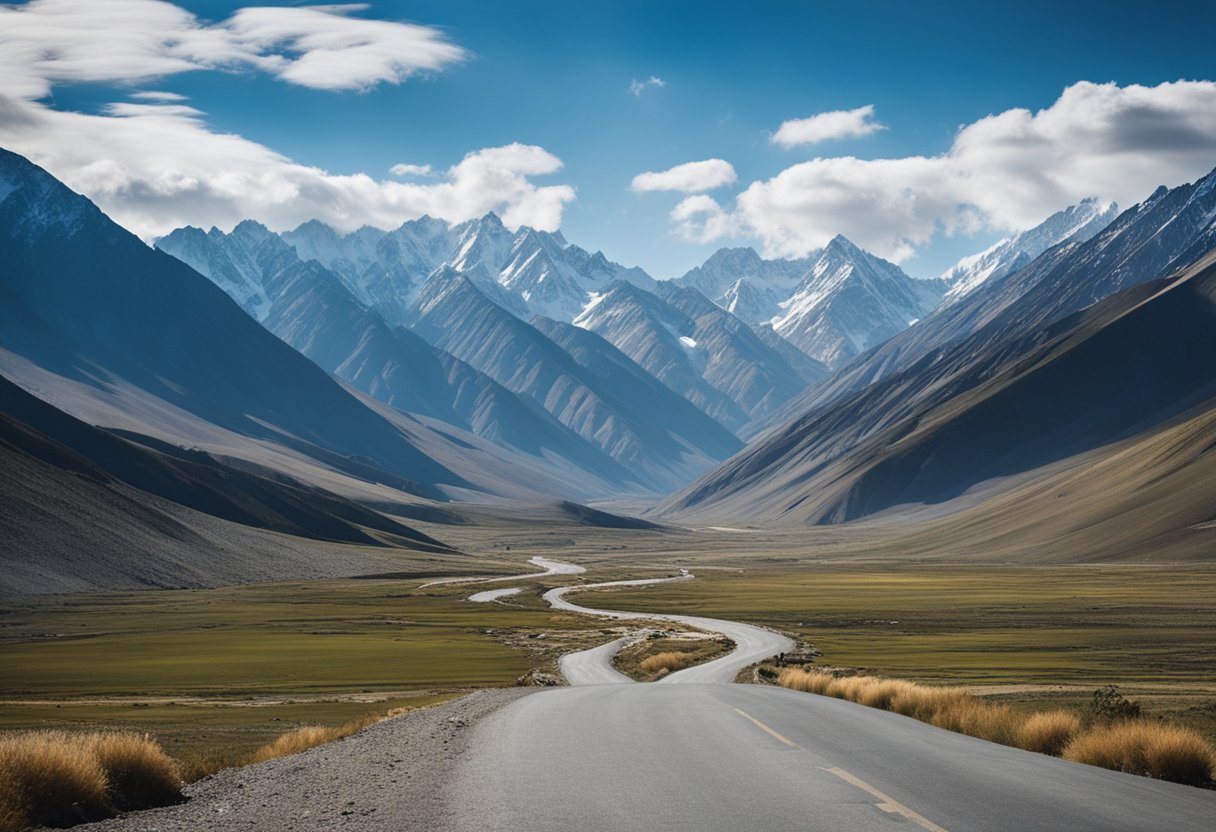 A winding road leads through rugged mountains from Skardu to Deosai, with vast, open landscapes and clear blue skies