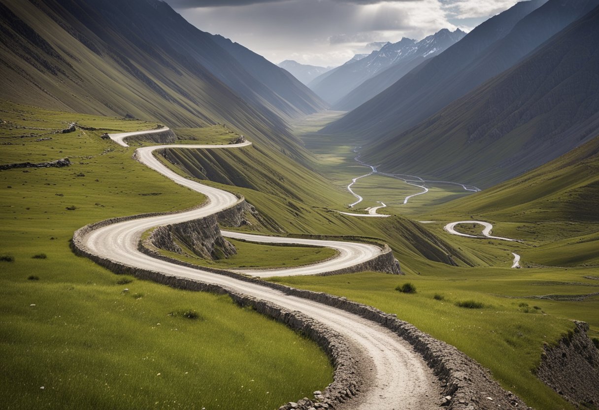 A winding road cuts through rugged terrain, leading from Skardu to Deosai National Park. The vast, mountainous landscape stretches far into the distance