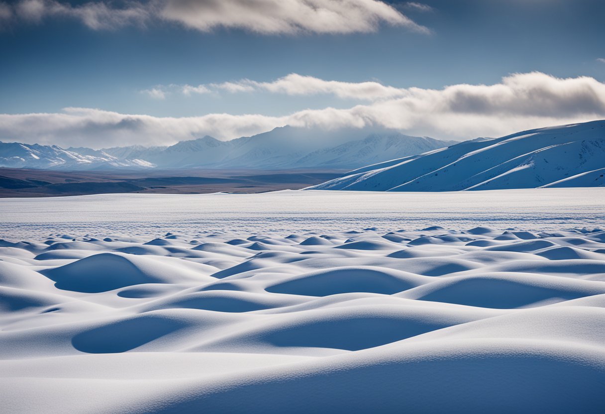 A snowy landscape with a vast, open expanse of Deosai National Park in winter, with snow-covered mountains in the distance and a clear, blue sky above