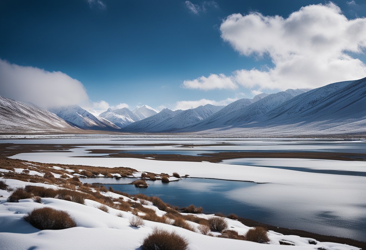 Snow-covered landscape of Deosai National Park in winter, with frozen lakes and mountains in the background