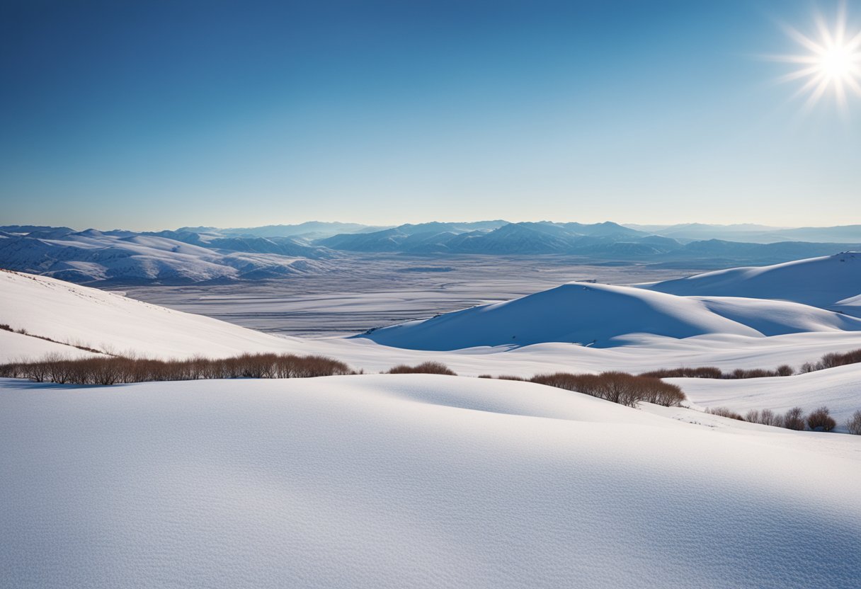 A vast, snow-covered plateau with rolling hills and sparse vegetation, under a clear blue winter sky